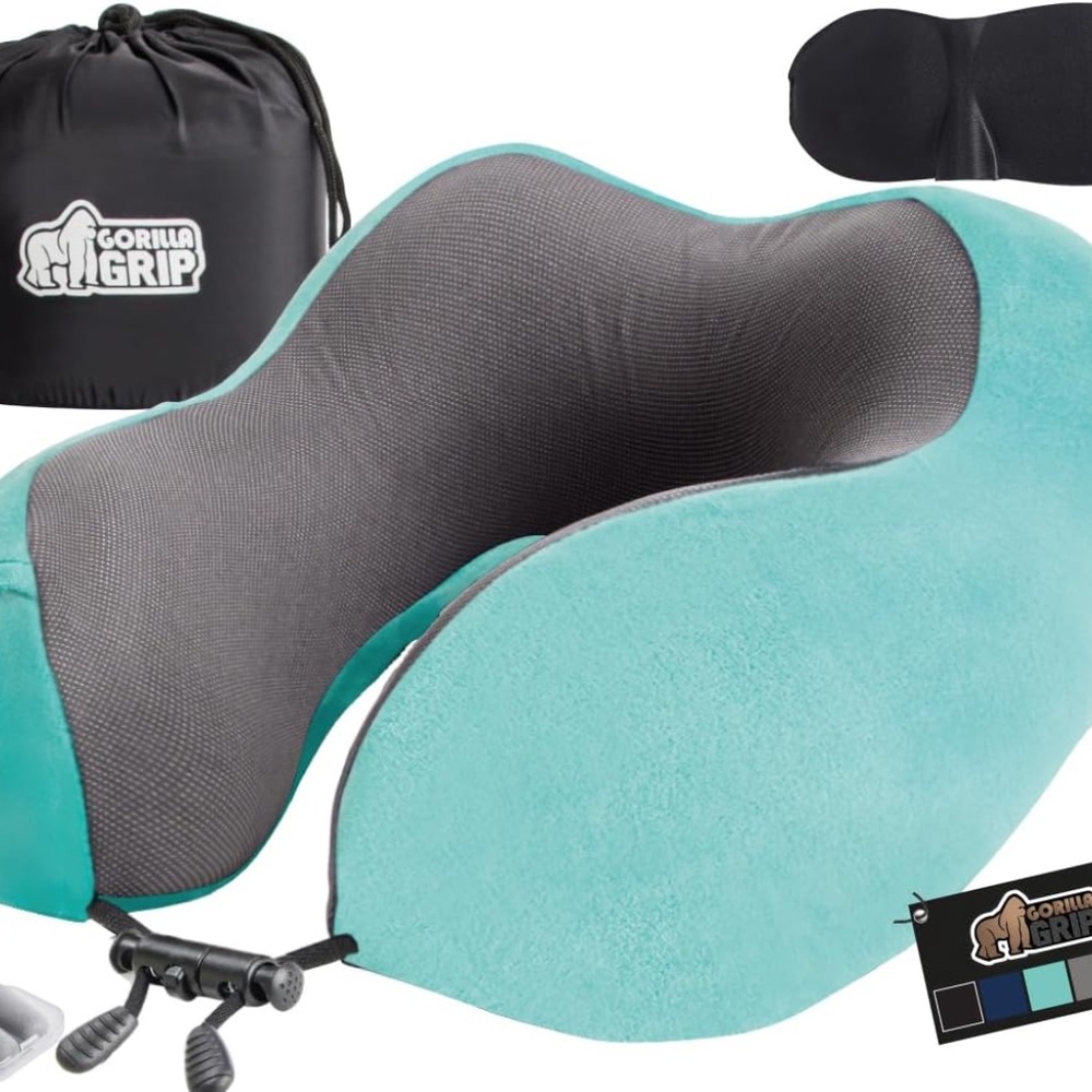 Gorilla Grip Travel Neck Pillow, Memory Foam Airplane Pillow, Turquoise